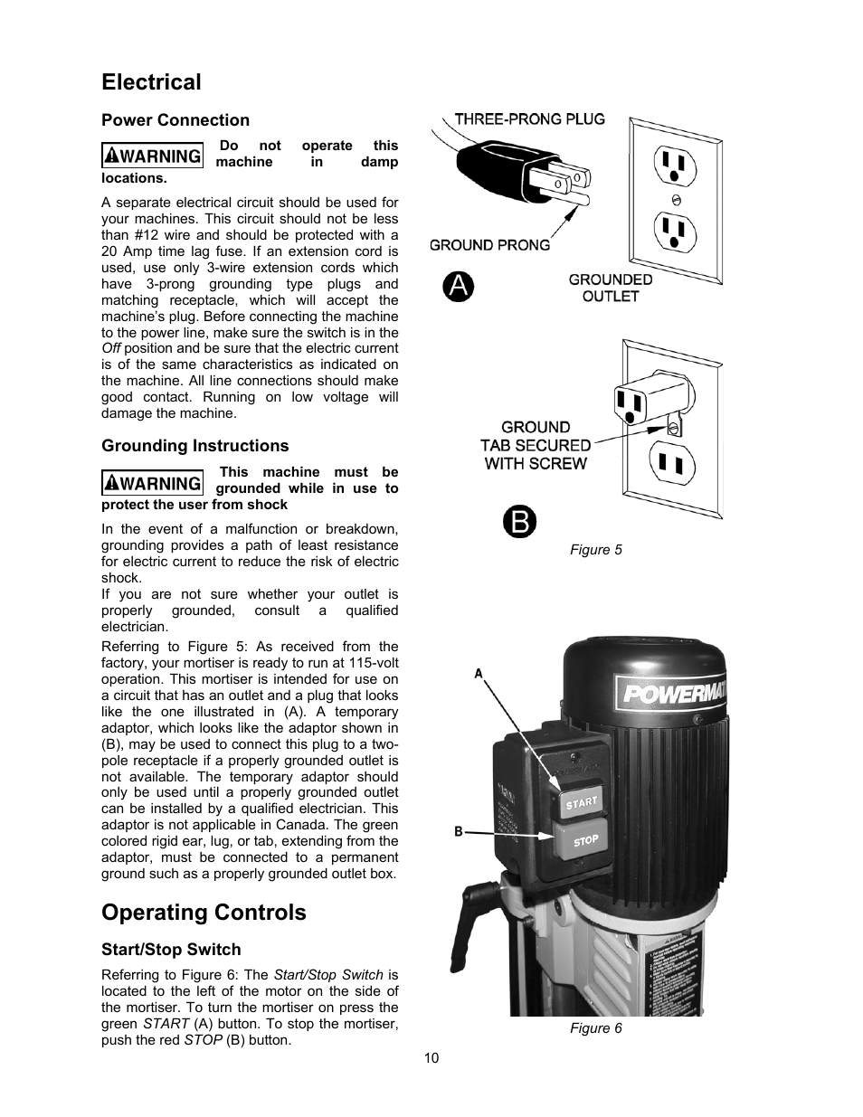 Electrical, Power connection, Grounding instructions | Operating controls, Start/stop switch | Jet Tools 719T WMH User Manual | Page 10 / 20