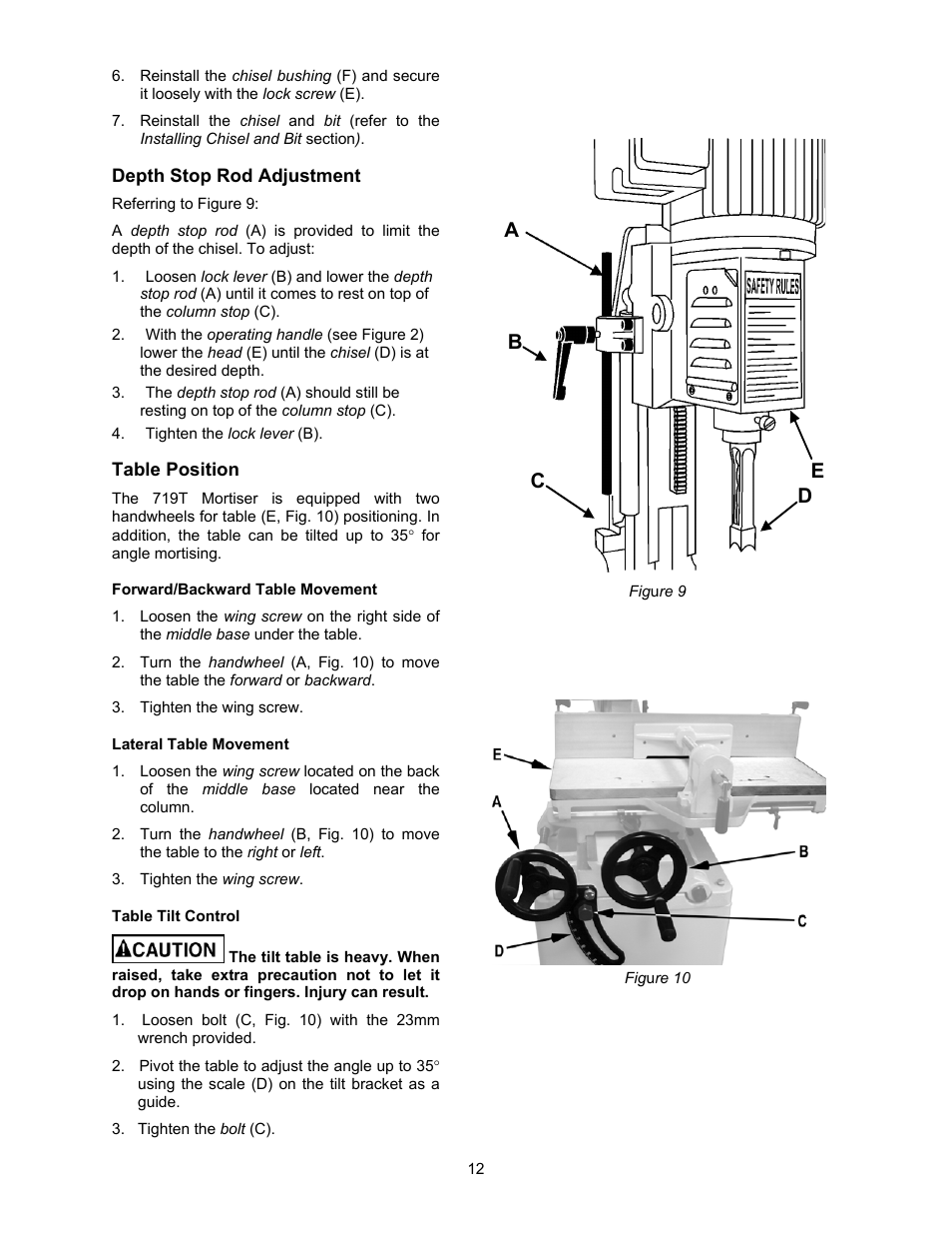 Depth stop rod adjustment, Table position, Forward/backward table movement | Lateral table movement, Table tilt control, Ab c d e | Jet Tools 719T WMH User Manual | Page 12 / 20