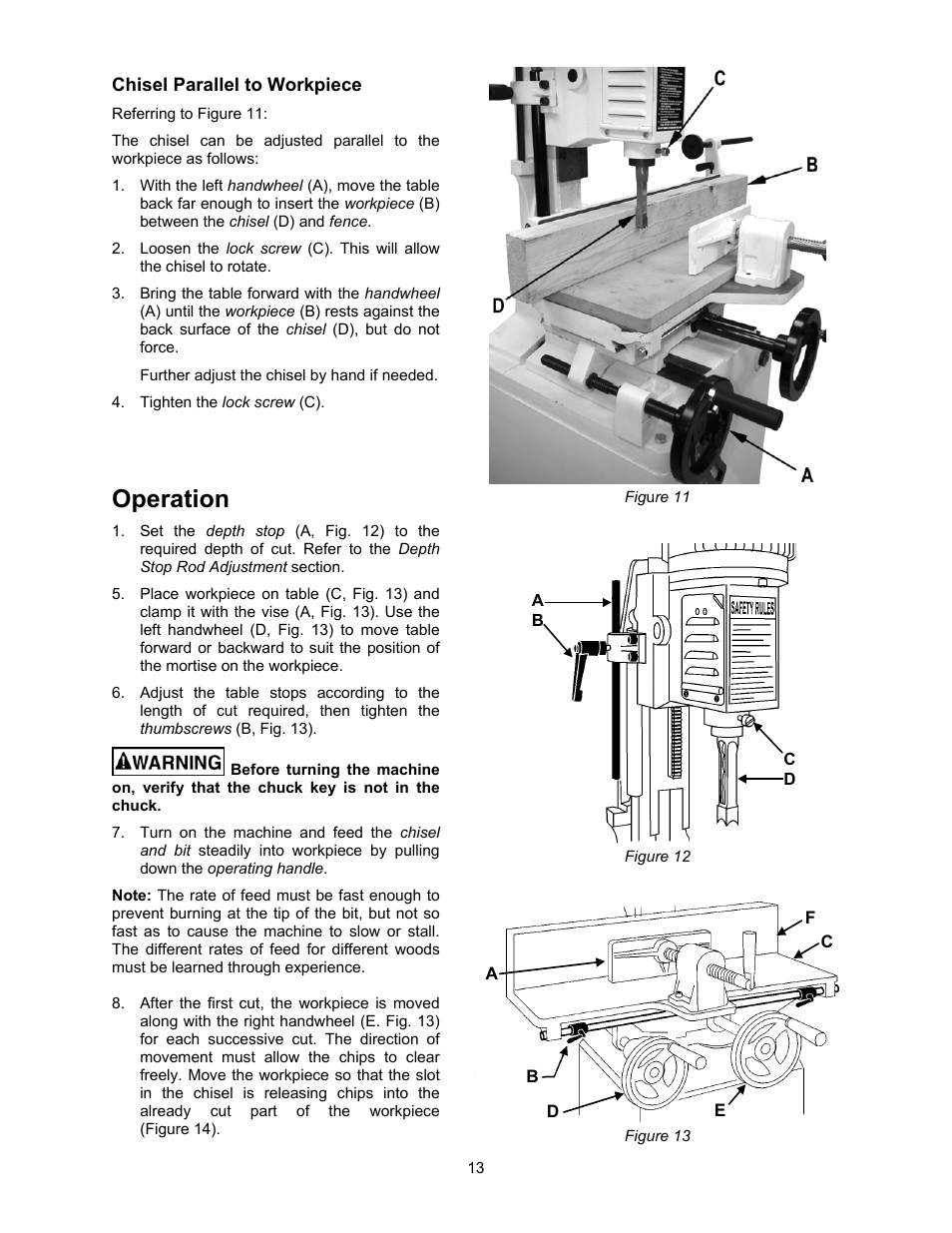 Chisel parallel to workpiece, Operation | Jet Tools 719T WMH User Manual | Page 13 / 20
