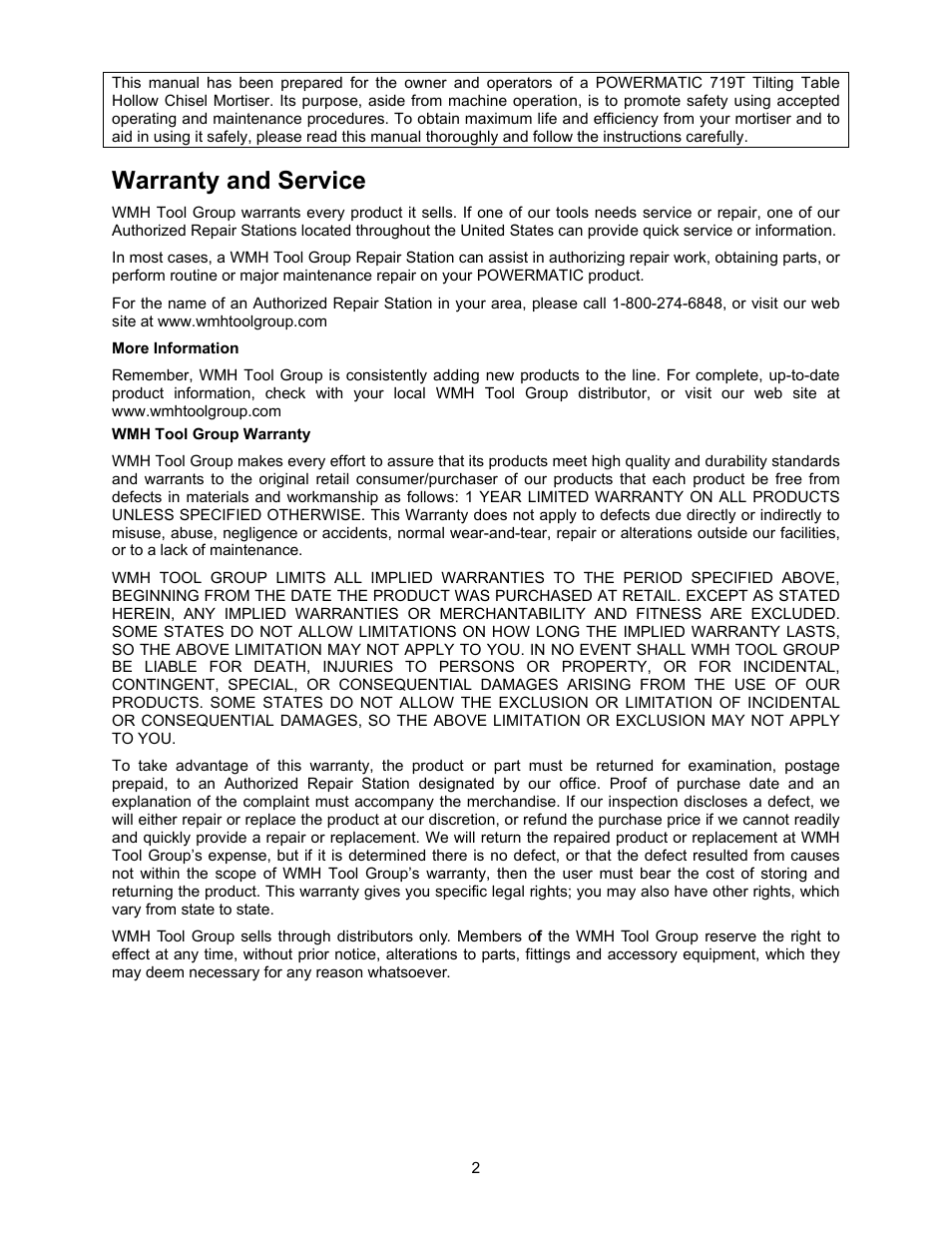 Warranty and service | Jet Tools 719T WMH User Manual | Page 2 / 20