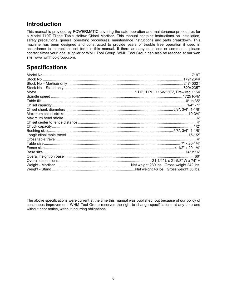 Introduction, Specifications | Jet Tools 719T WMH User Manual | Page 6 / 20