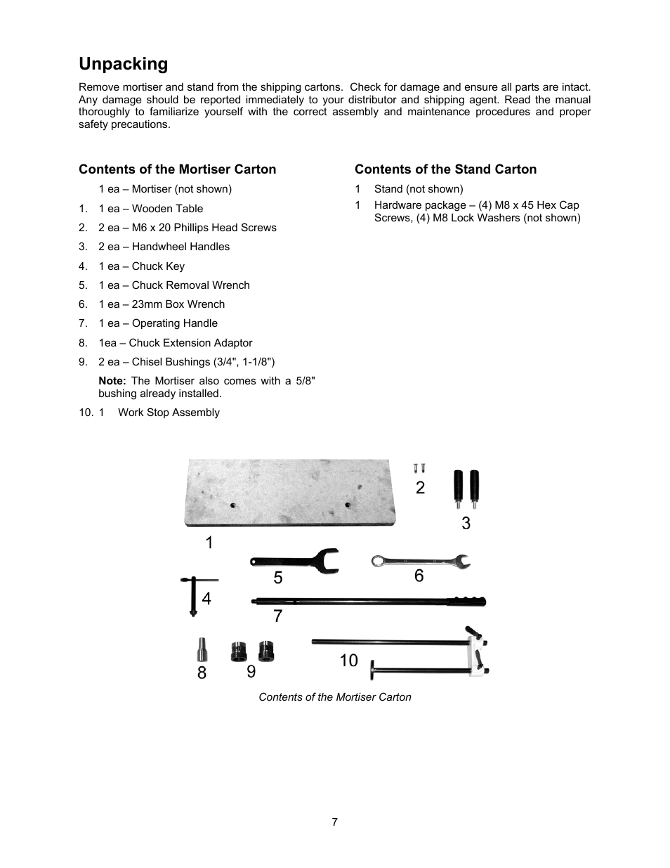 Unpacking, Contents of the mortiser carton, Contents of the stand carton | Jet Tools 719T WMH User Manual | Page 7 / 20