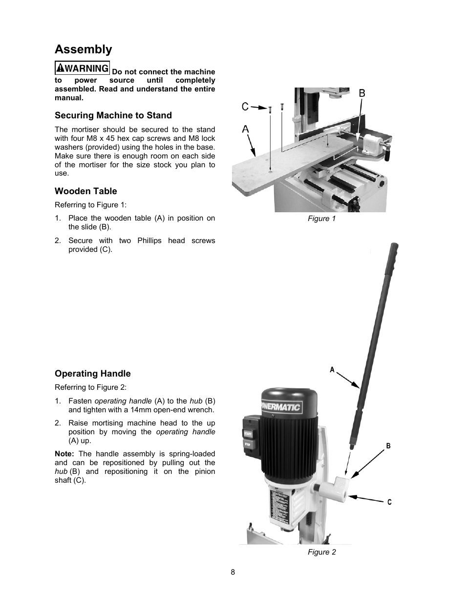 Assembly, Securing machine to stand, Wooden table | Operating handle | Jet Tools 719T WMH User Manual | Page 8 / 20
