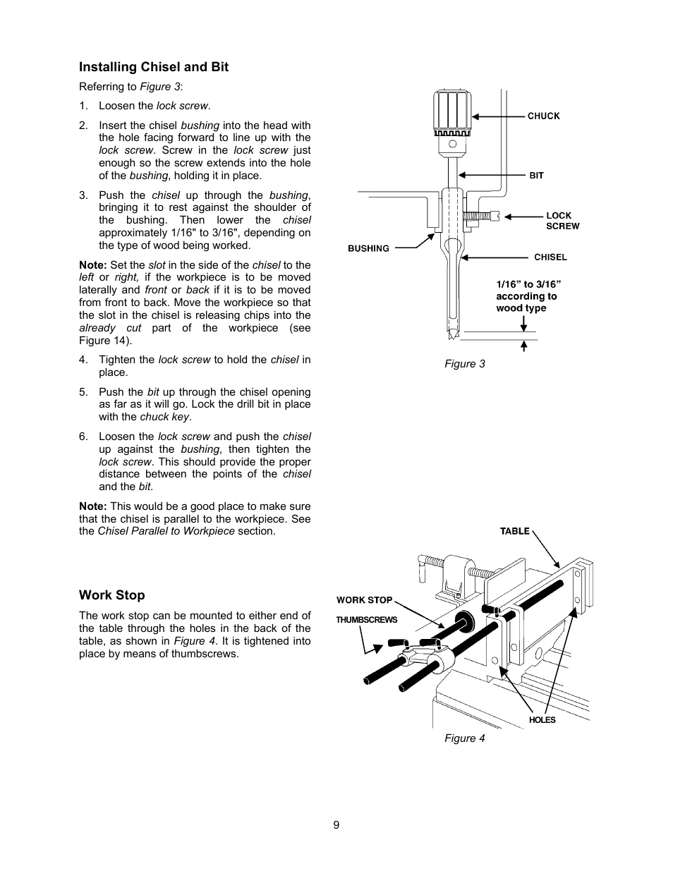Installing chisel and bit, Work stop | Jet Tools 719T WMH User Manual | Page 9 / 20