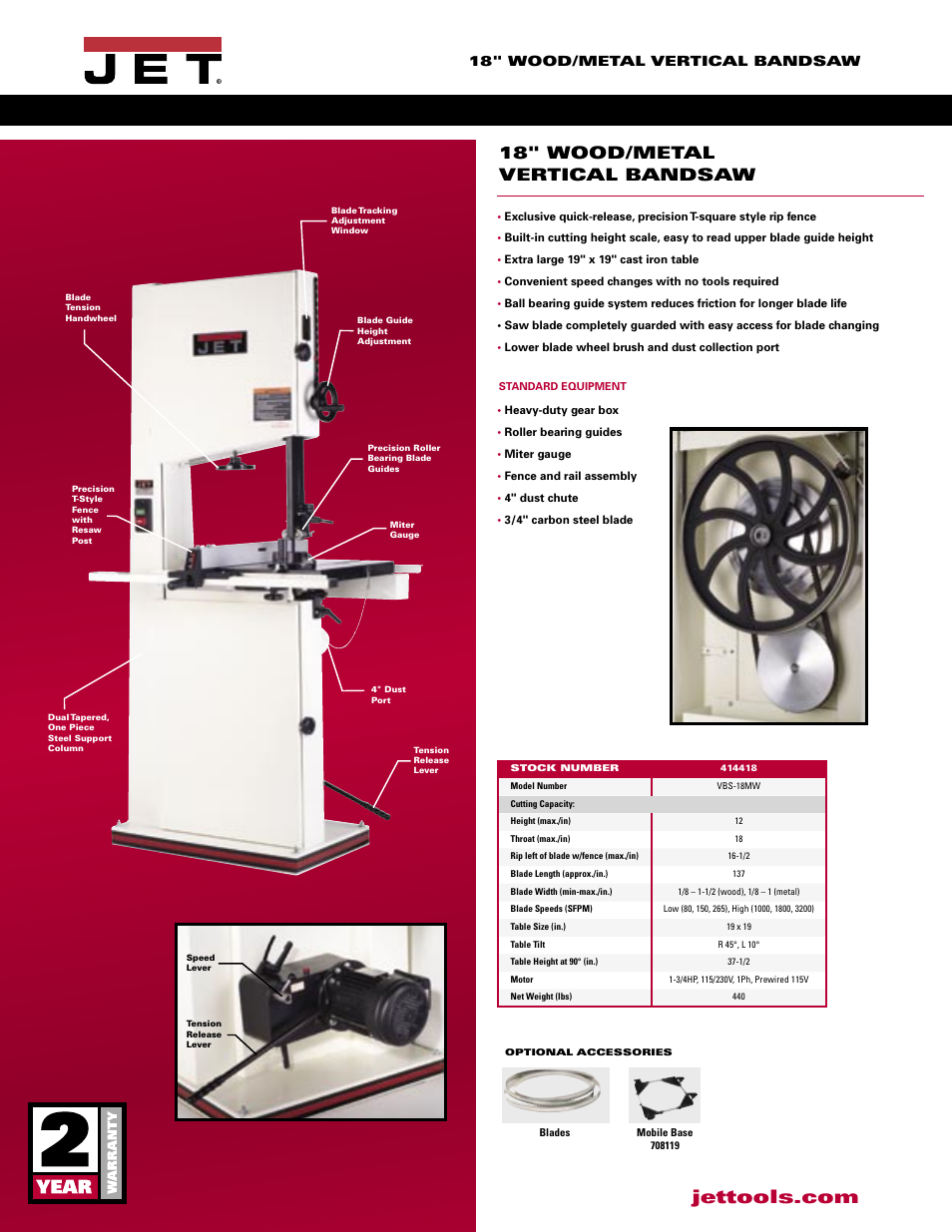 18" wood/metal vertical bandsaw | Jet Tools VBS-18MW User Manual | Page 2 / 2