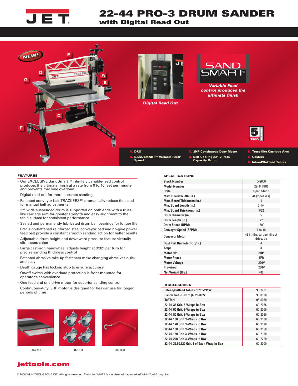 44 pro-3 drum sander, Cd e f g | Jet Tools 22-44 Pro-3 User Manual | Page 2 / 2