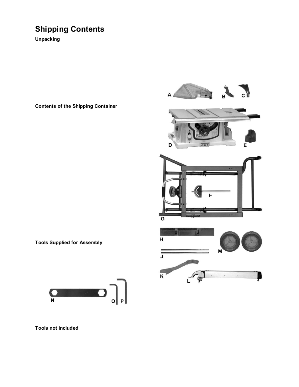 Shipping contents | Jet Tools JOB SITE TABLE SAW JBTS-10MJS User Manual | Page 10 / 40