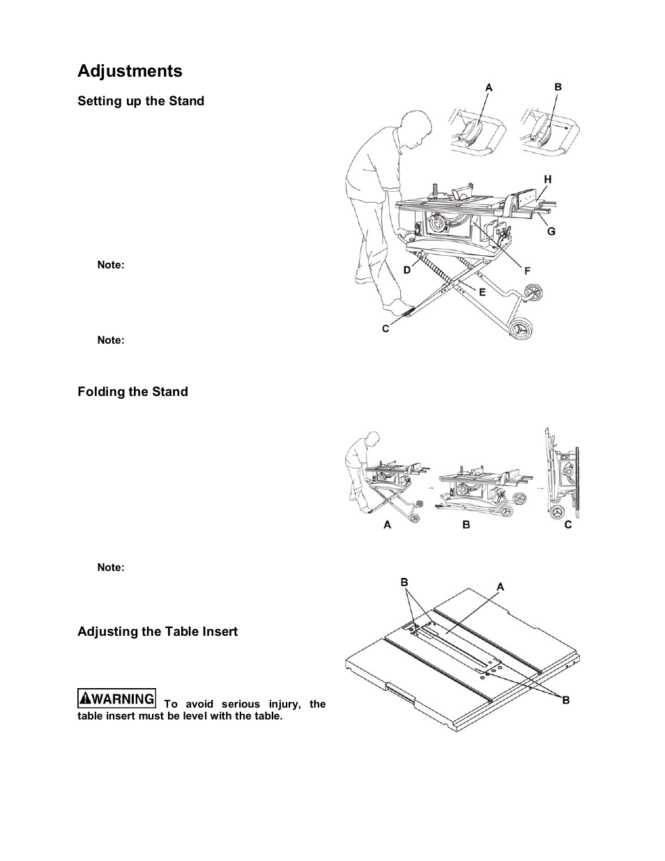 Adjustments, Setting up the stand, Folding the stand | Adjusting the table insert | Jet Tools JOB SITE TABLE SAW JBTS-10MJS User Manual | Page 17 / 40