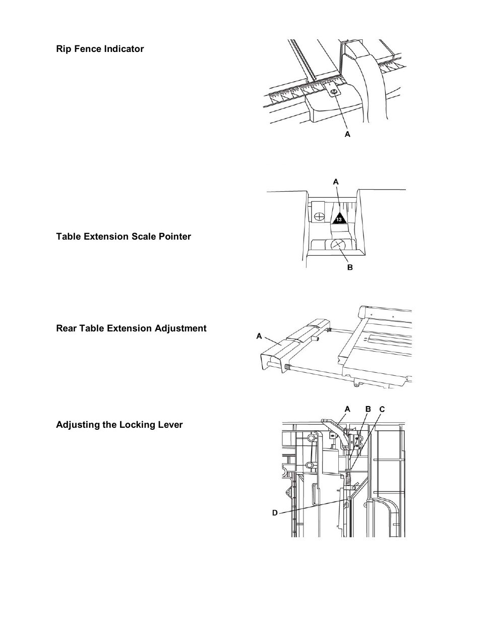 Rip fence indicator, Table extension scale pointer, Rear table extension adjustment | Adjusting the locking lever | Jet Tools JOB SITE TABLE SAW JBTS-10MJS User Manual | Page 22 / 40