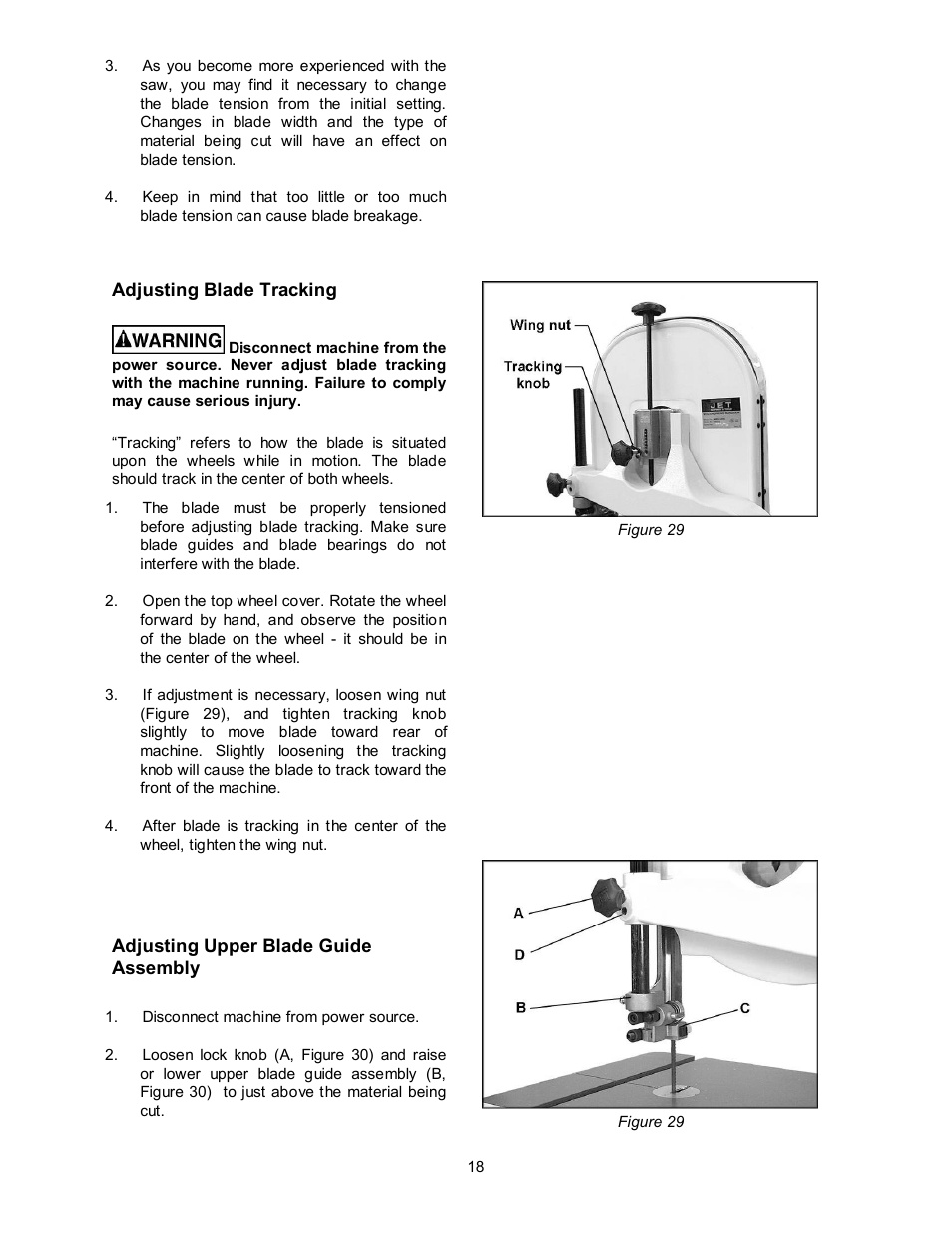 Adjusting blade tracking, Adjusting upper blade guide assembly | Jet Tools JWBS-14OCS User Manual | Page 18 / 32