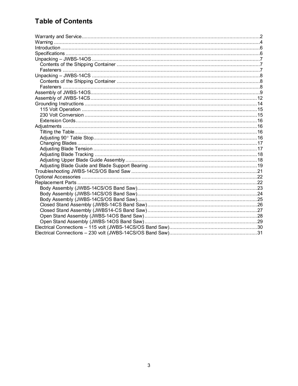 Jet Tools JWBS-14OCS User Manual | Page 3 / 32