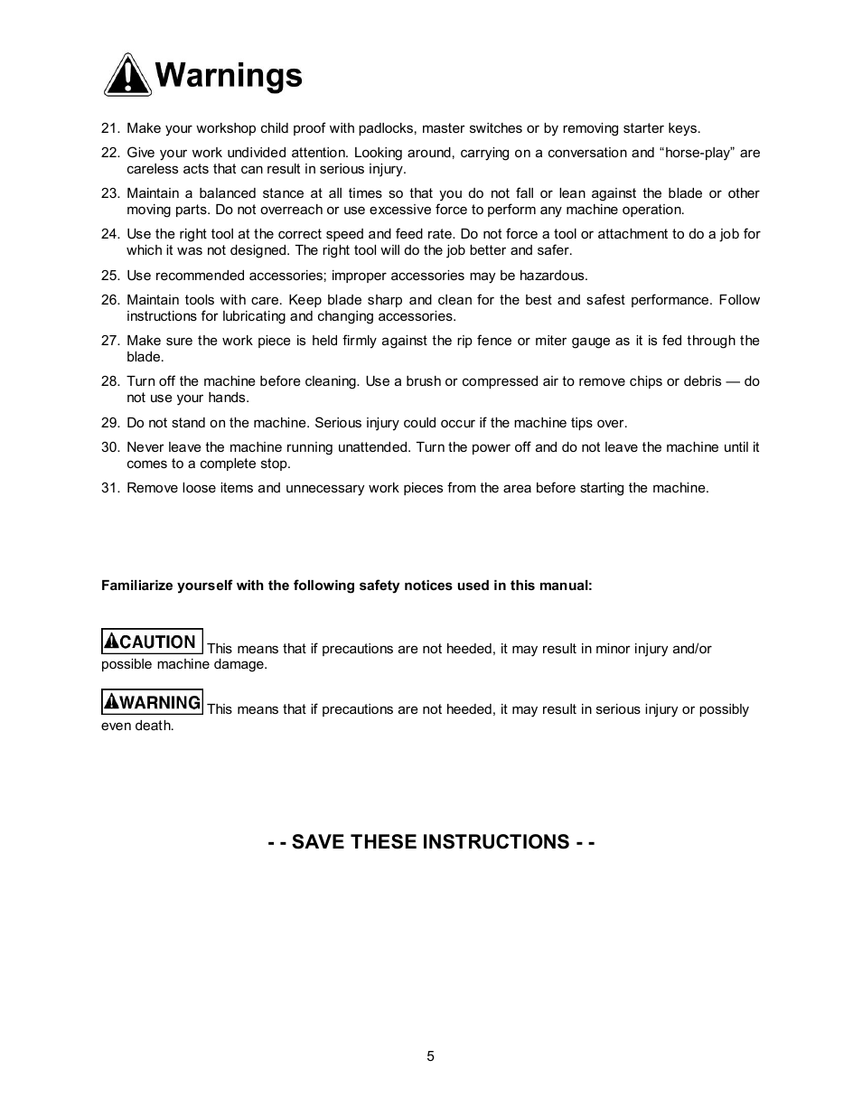 Save these instructions | Jet Tools JWBS-14OCS User Manual | Page 5 / 32