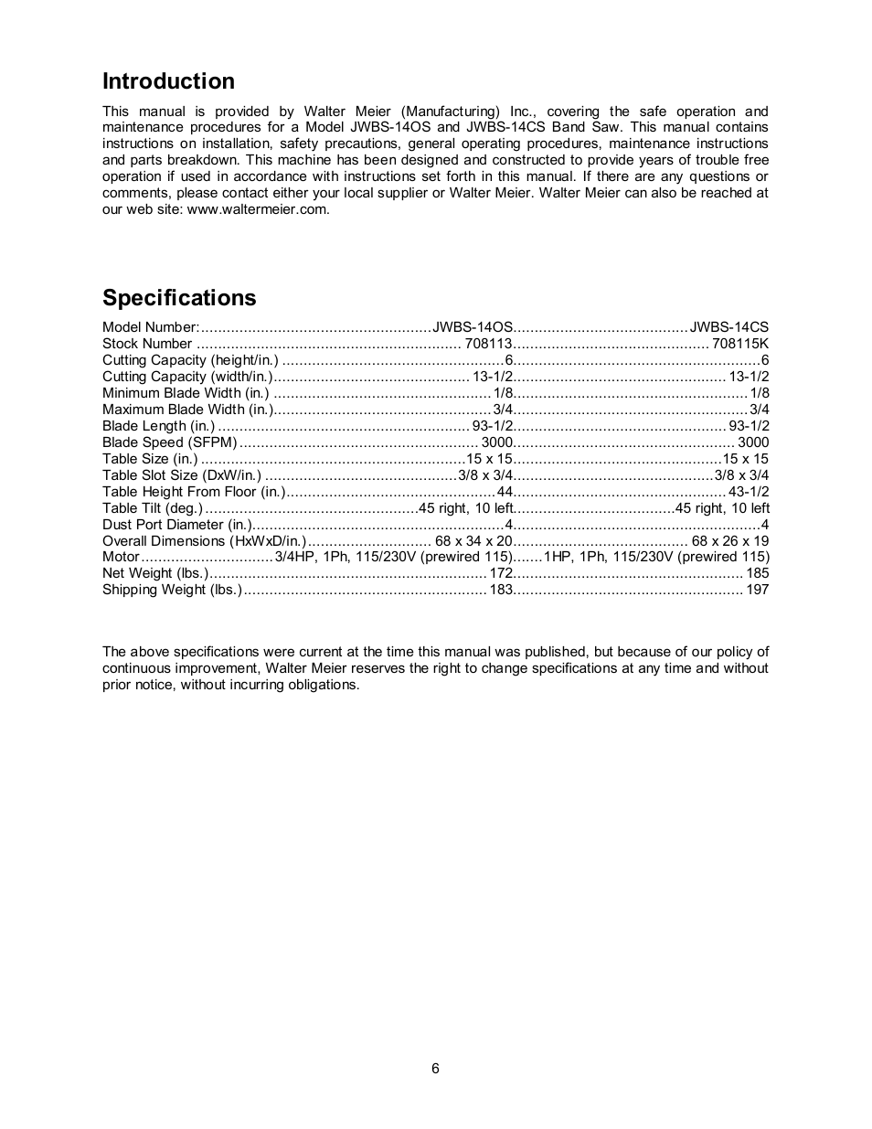 Specifications, Introduction | Jet Tools JWBS-14OCS User Manual | Page 6 / 32
