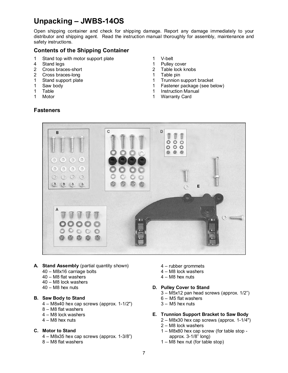Unpacking – jwbs-14os | Jet Tools JWBS-14OCS User Manual | Page 7 / 32