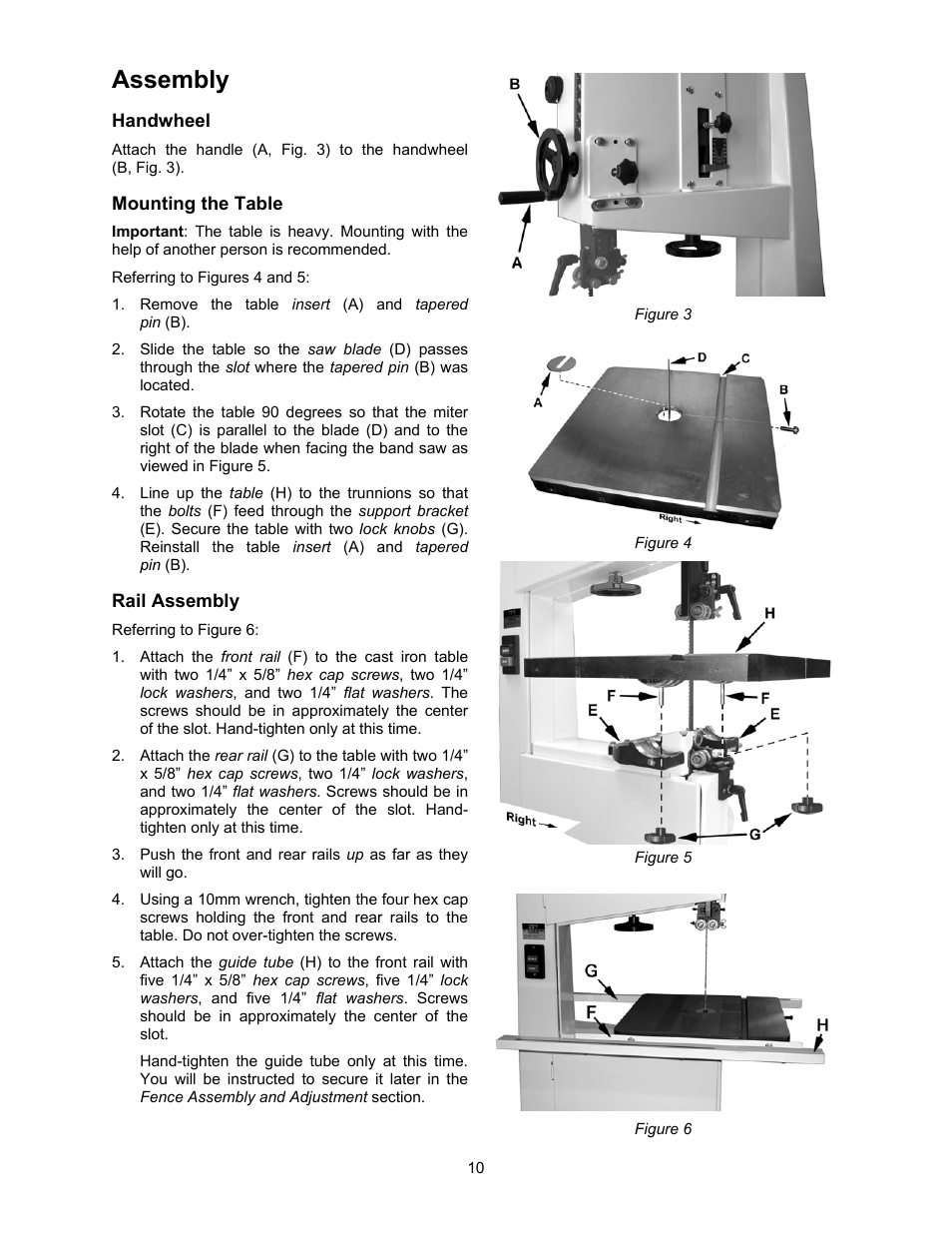 Assembly, Handwheel, Mounting the table | Rail assembly | Jet Tools JWBS-18X-3 User Manual | Page 10 / 40