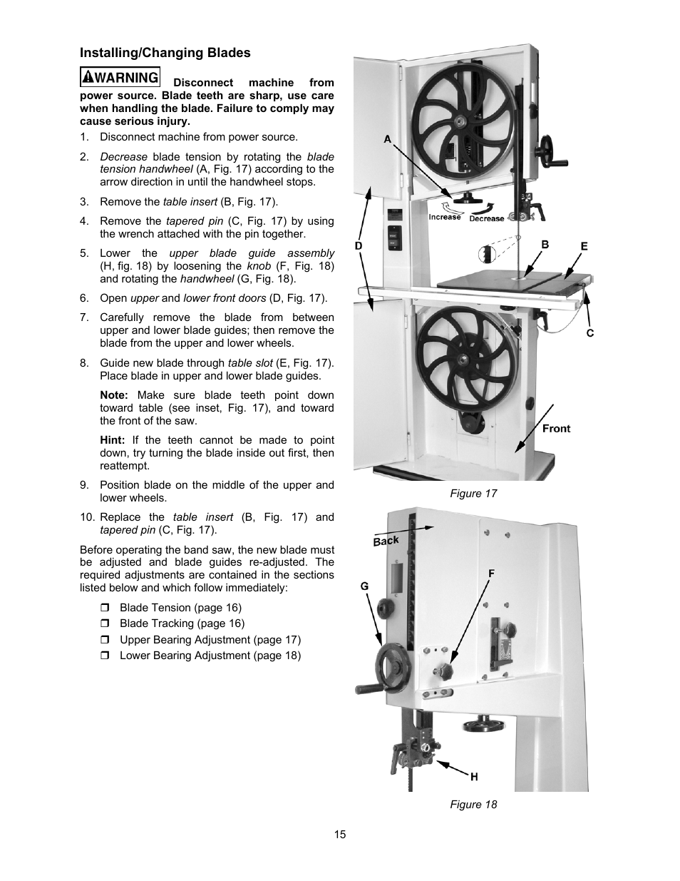 Installing/changing blades | Jet Tools JWBS-18X-3 User Manual | Page 15 / 40