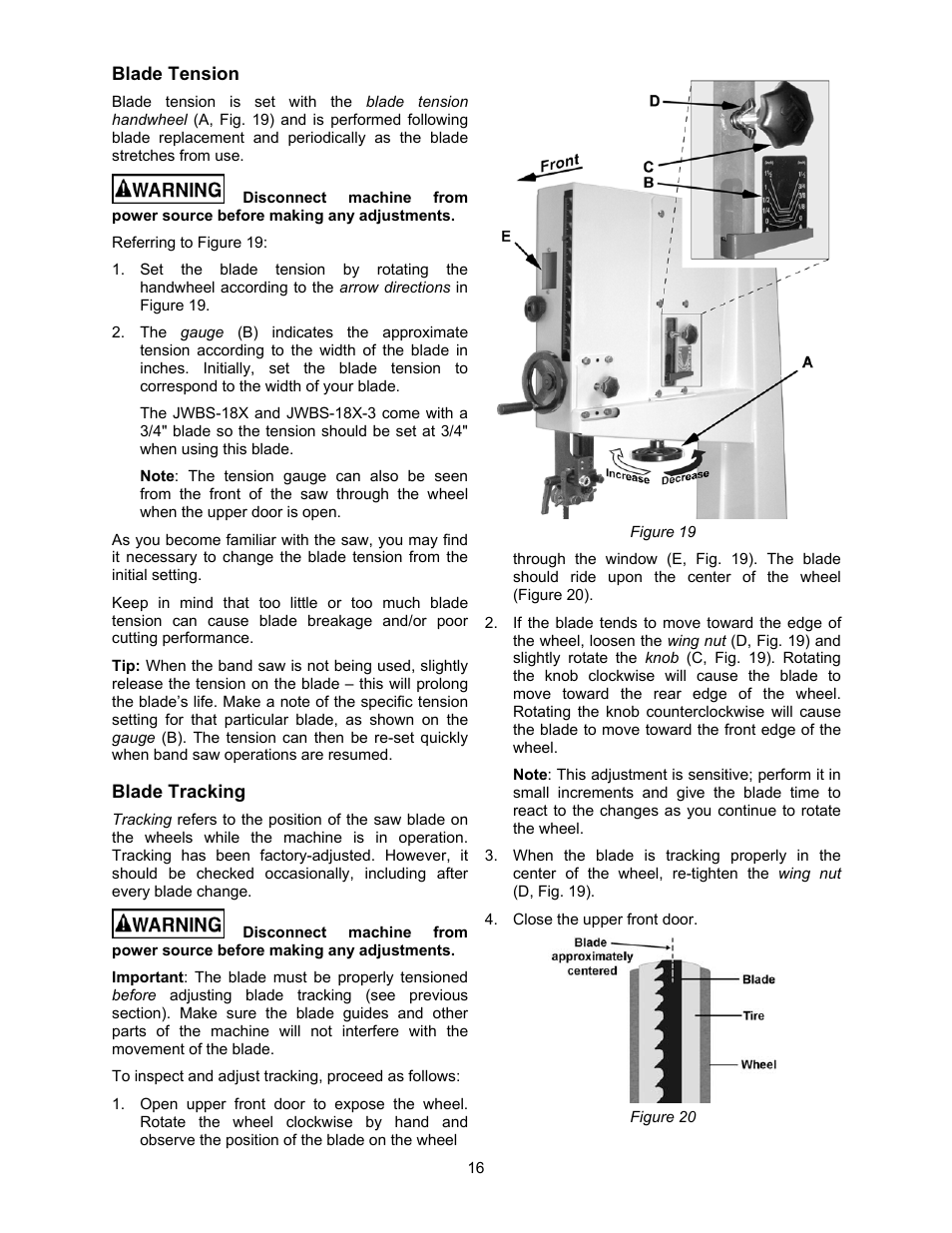 Blade tension, Blade tracking | Jet Tools JWBS-18X-3 User Manual | Page 16 / 40
