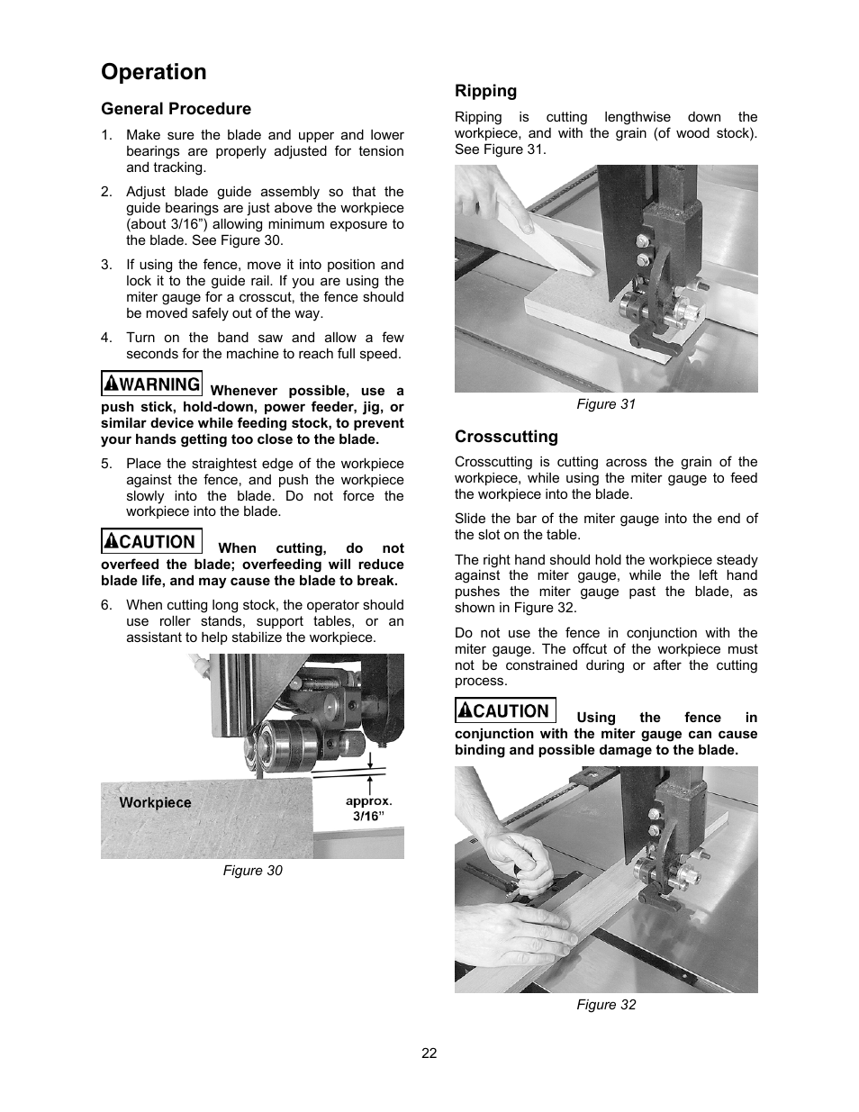 Operation, General procedure, Ripping | Crosscutting | Jet Tools JWBS-18X-3 User Manual | Page 22 / 40