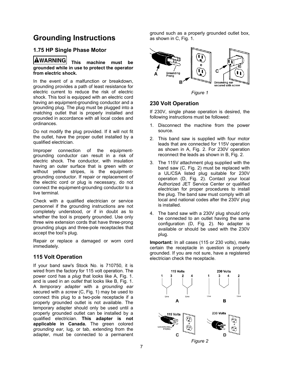 Grounding instructions, 75 hp single phase motor, 115 volt operation | 230 volt operation | Jet Tools JWBS-18X-3 User Manual | Page 7 / 40