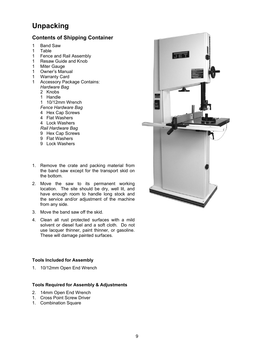 Unpacking, Contents of shipping container, Tools included for | Tools required | Jet Tools JWBS-18X-3 User Manual | Page 9 / 40