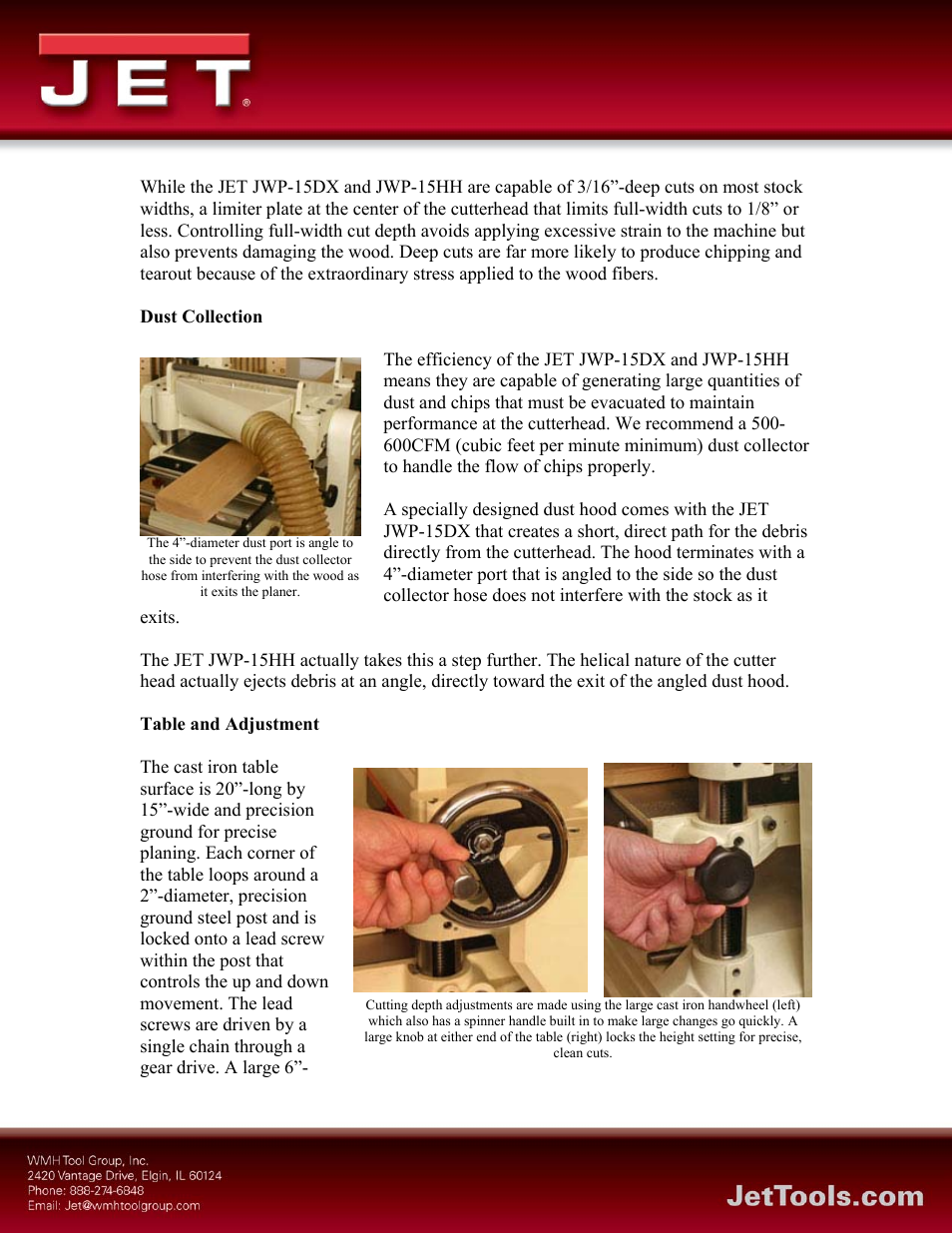 Dust collection, Table and adjustment | Jet Tools JWP-15DX User Manual | Page 4 / 5