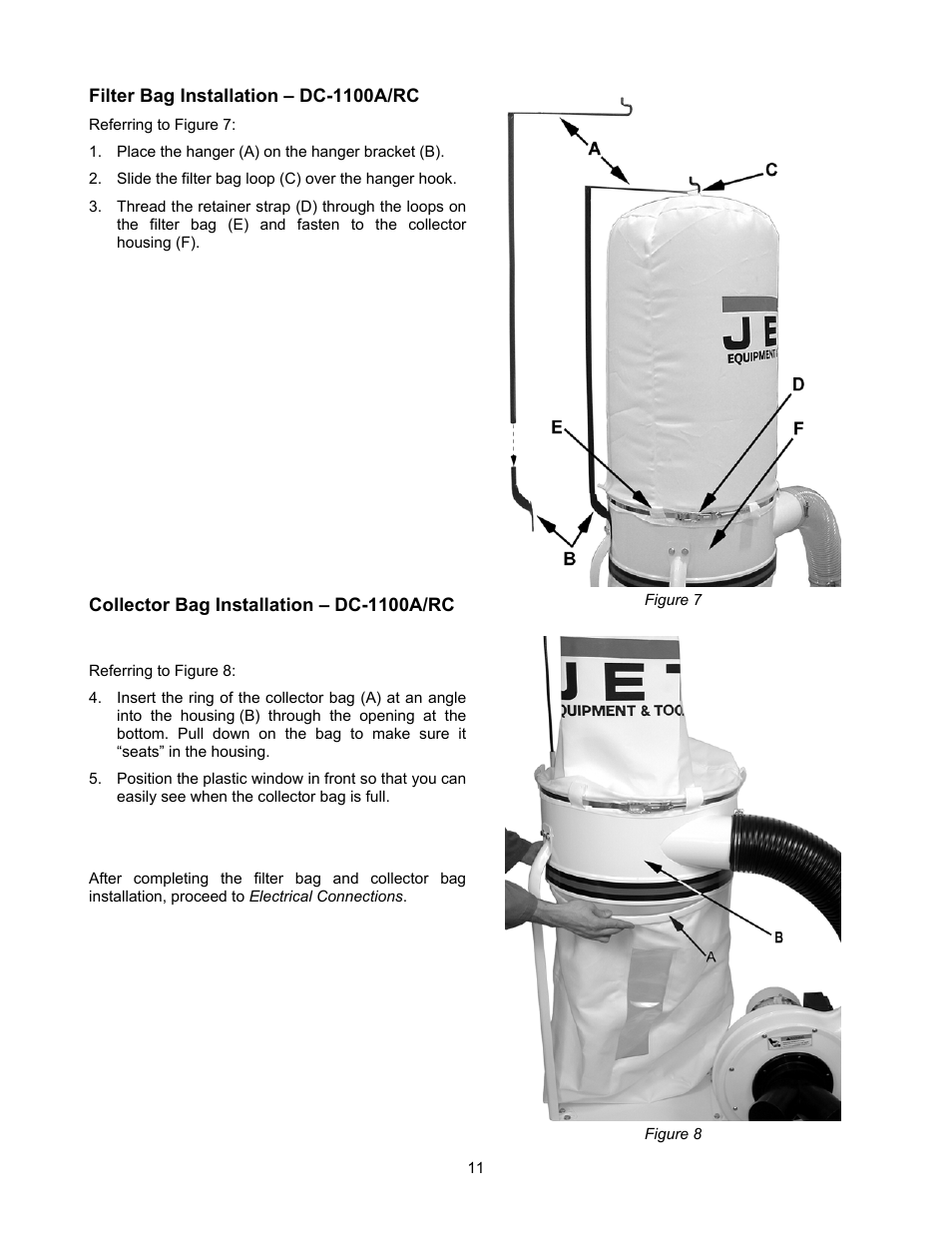 Filter bag installation – dc-1100a/rc, Collector bag installation – dc-1100a/rc | Jet Tools DC-1100G User Manual | Page 11 / 20