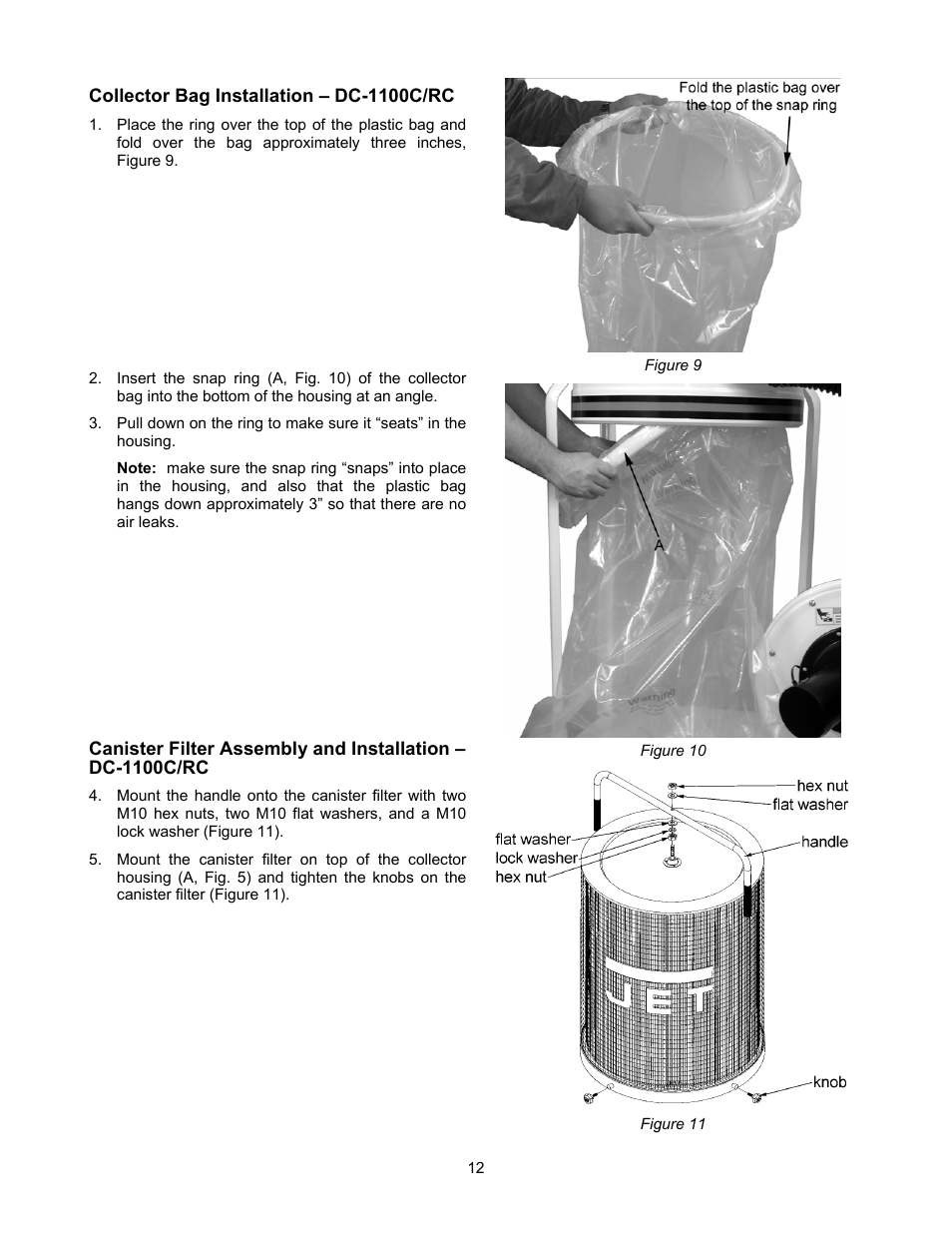 Collector bag installation – dc-1100c/rc | Jet Tools DC-1100G User Manual | Page 12 / 20