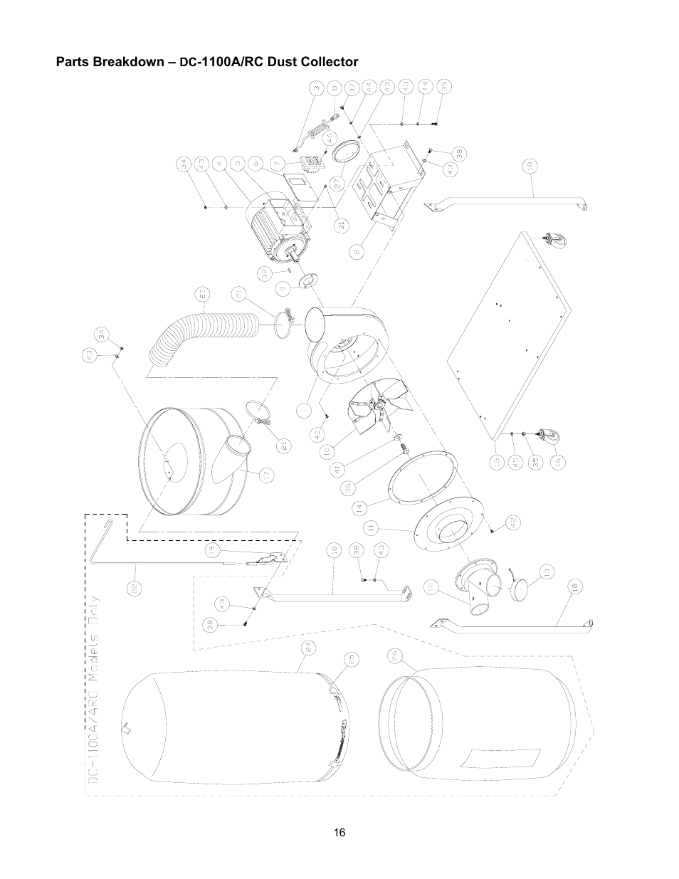 Parts breakdown – dc-1100a/rc dust collector | Jet Tools DC-1100G User Manual | Page 16 / 20