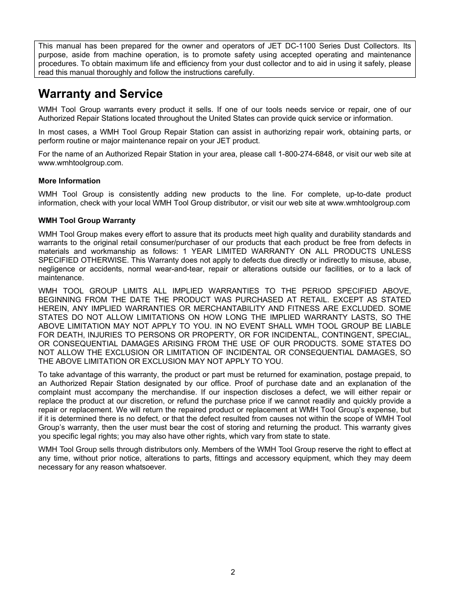 Warranty and service | Jet Tools DC-1100G User Manual | Page 2 / 20