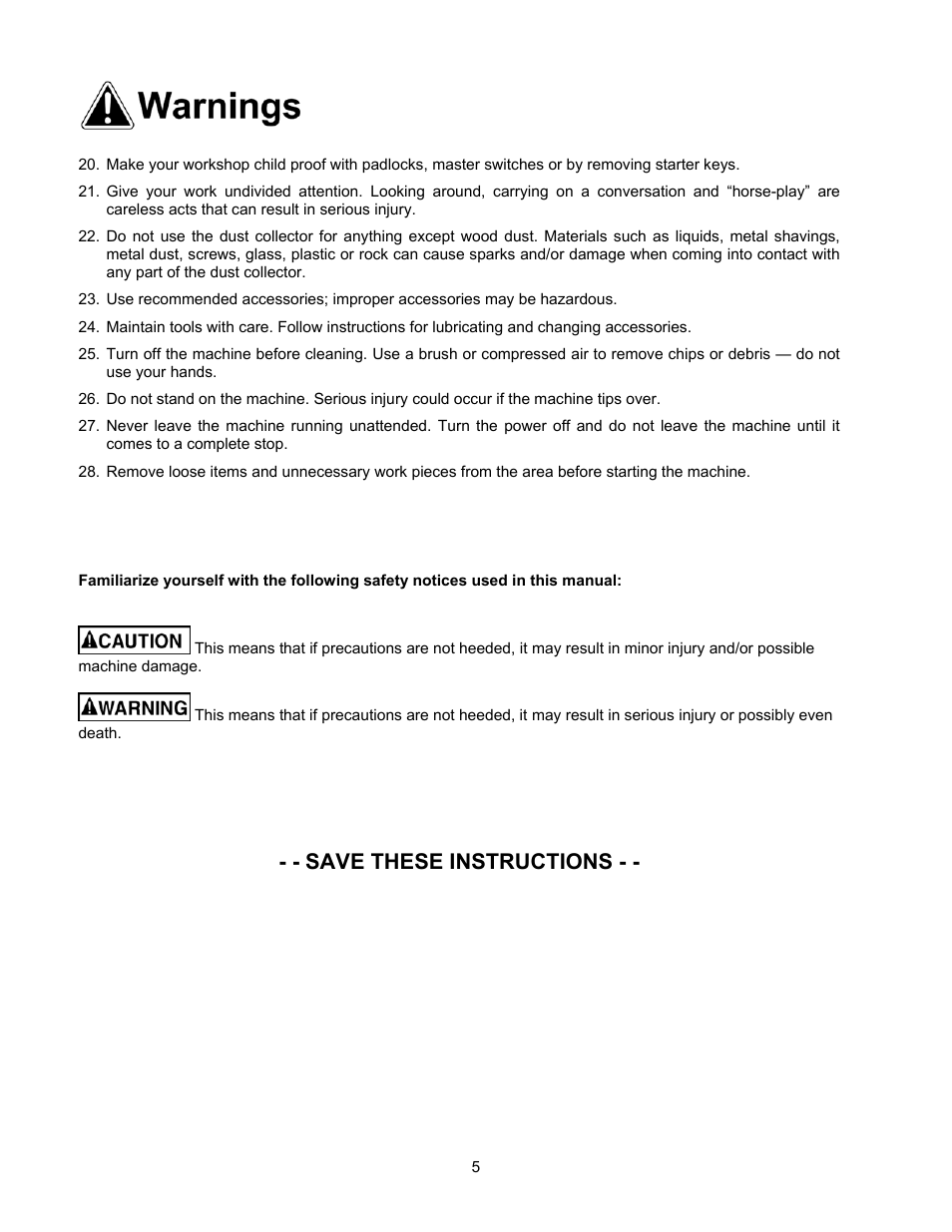 Save these instructions | Jet Tools DC-1100G User Manual | Page 5 / 20