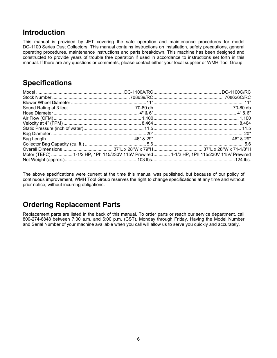 Introduction, Specifications, Ordering replacement parts | Jet Tools DC-1100G User Manual | Page 6 / 20