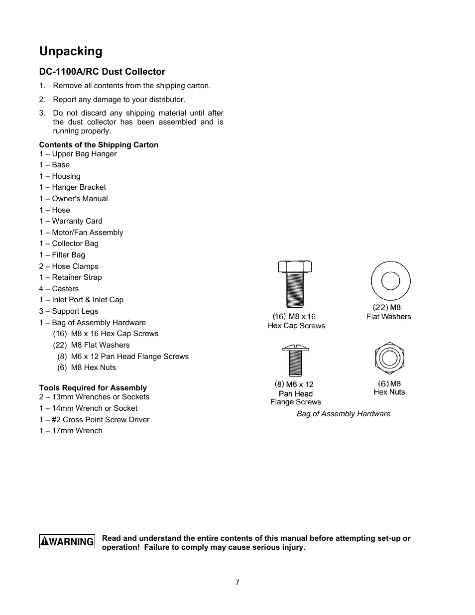 Unpacking, Dc-1100a/rc dust collector | Jet Tools DC-1100G User Manual | Page 7 / 20