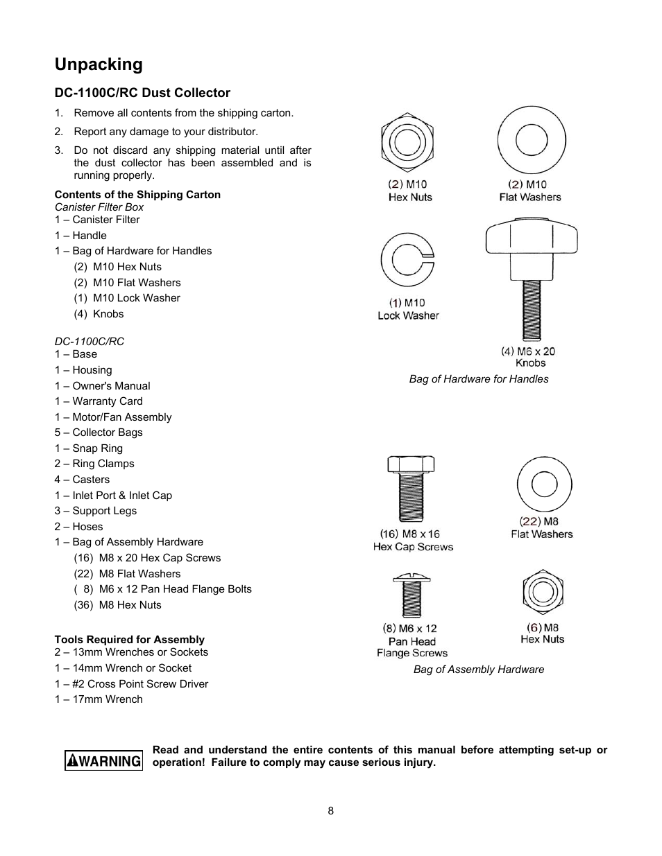 Dc-1100c/rc dust collector, Unpacking | Jet Tools DC-1100G User Manual | Page 8 / 20