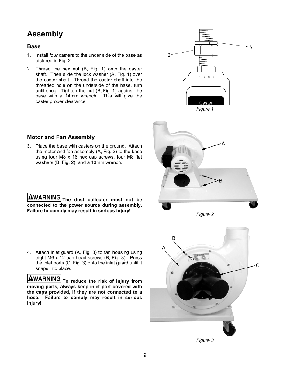 Assembly, Base, Motor and fan assembly | Jet Tools DC-1100G User Manual | Page 9 / 20