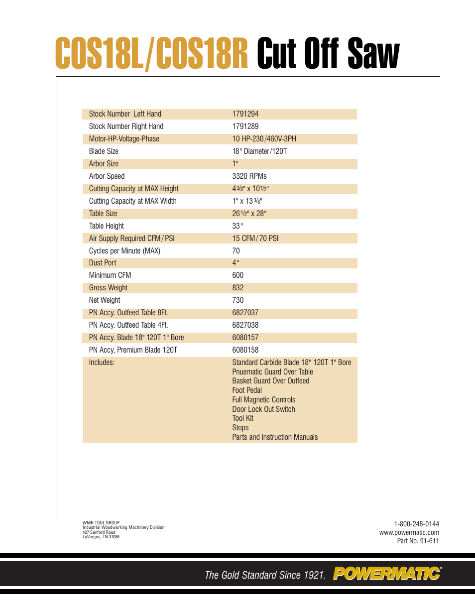 Cos18l/cos18r cut off saw, The gold standard since 1921 | Jet Tools COS18L User Manual | Page 4 / 4