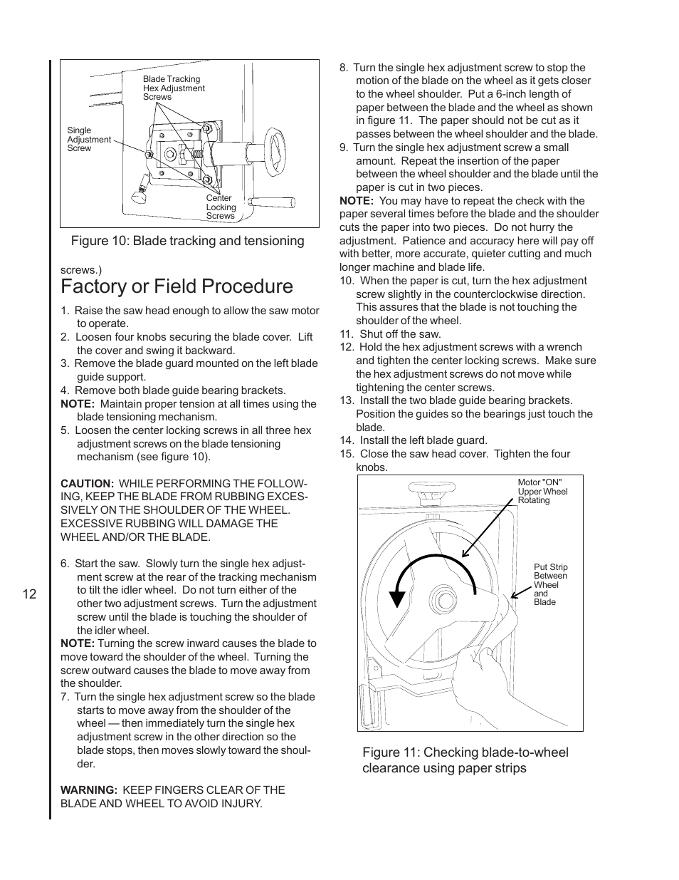 Factory or field procedure, 12 figure 10: blade tracking and tensioning | Jet Tools J-7060 User Manual | Page 12 / 28