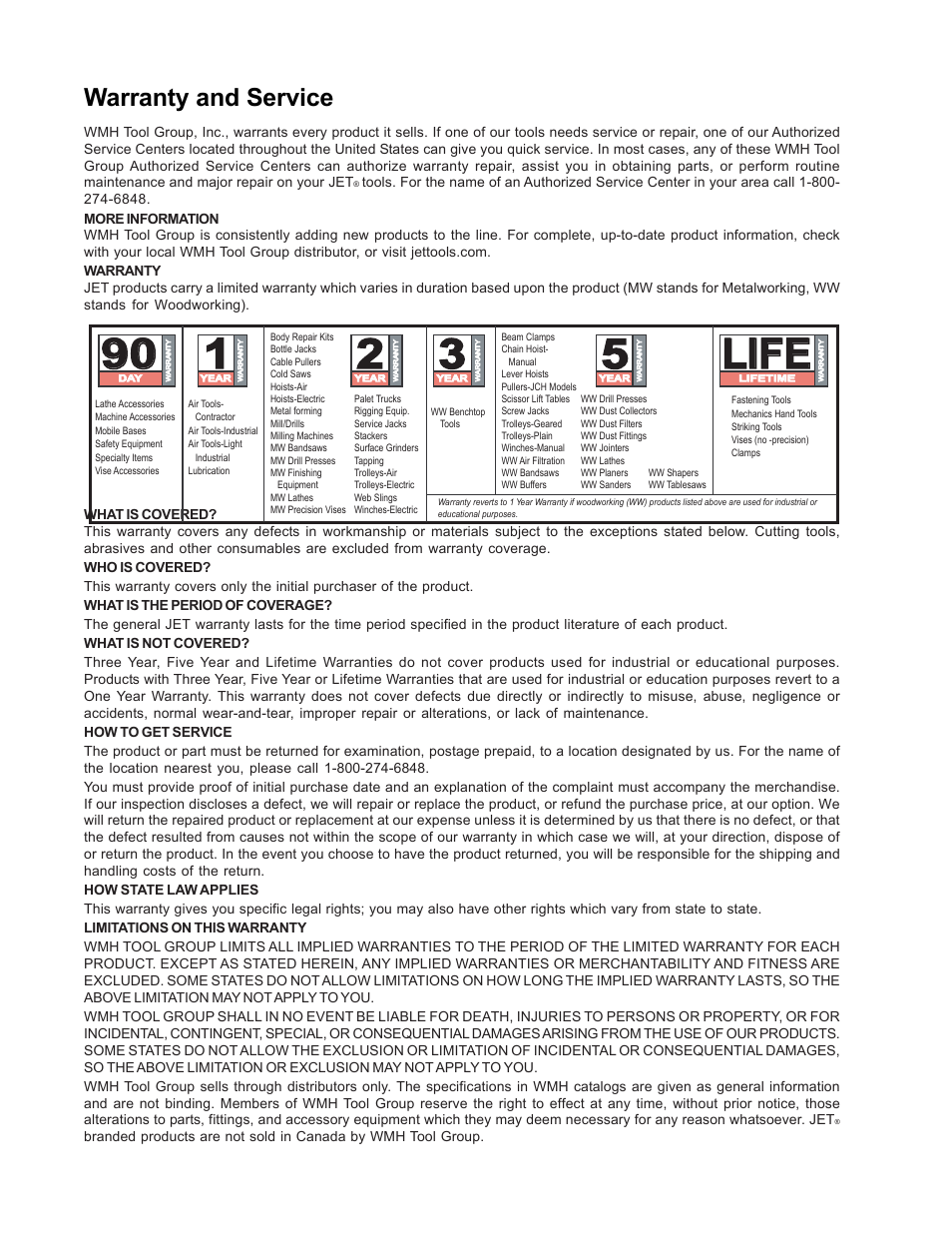 Life, Warranty and service | Jet Tools J-7060 User Manual | Page 2 / 28