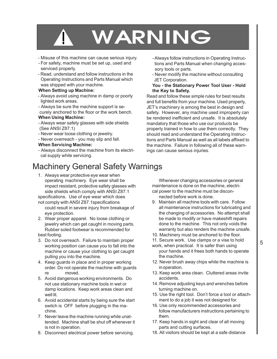 Machinery general safety warnings | Jet Tools J-7060 User Manual | Page 5 / 28