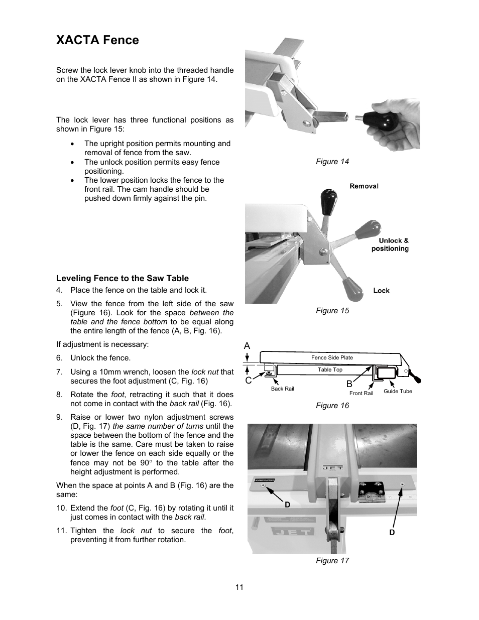 Xacta fence, Leveling fence to the saw table | Jet Tools XACTA User Manual | Page 11 / 16