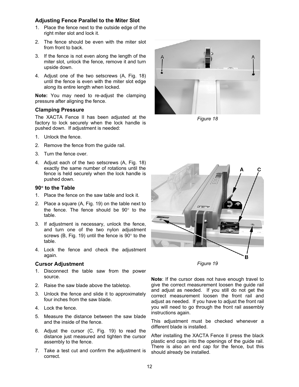 Adjusting fence parallel to the miter slot, Clamping pressure, Cursor adjustment | Jet Tools XACTA User Manual | Page 12 / 16