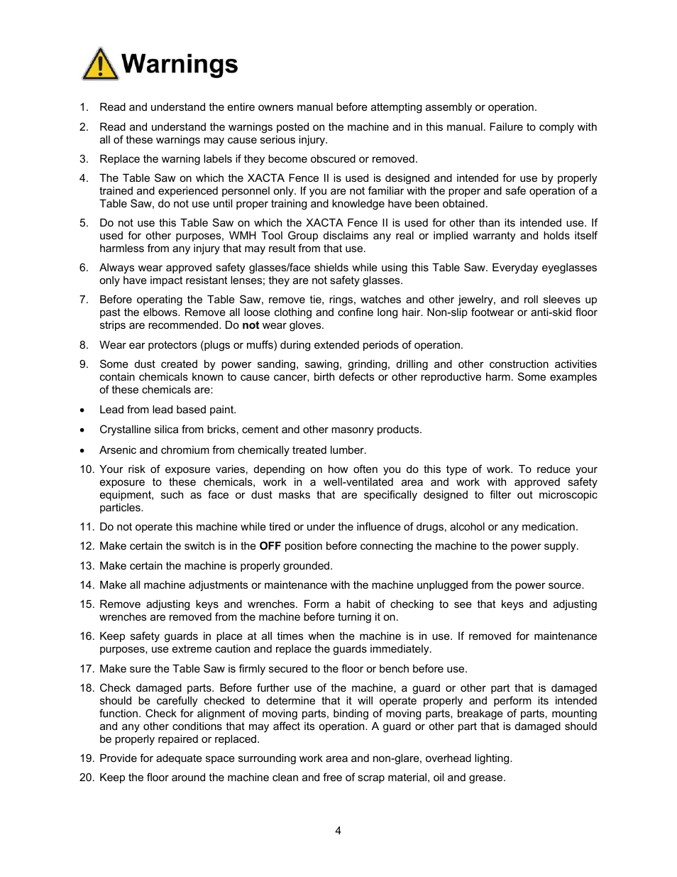 Warnings | Jet Tools XACTA User Manual | Page 4 / 16