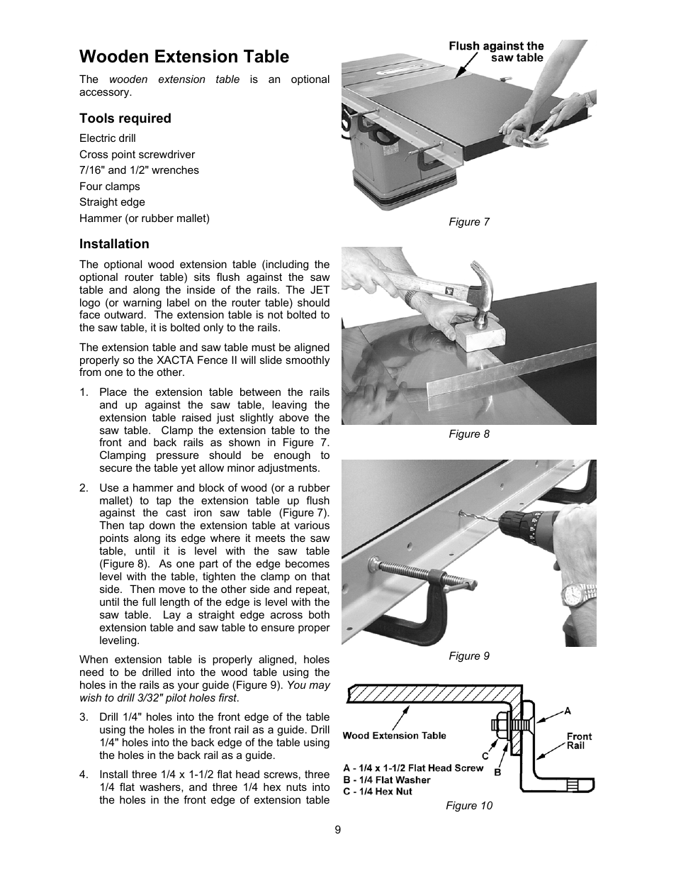 Wooden extension table, Tools required | Jet Tools XACTA User Manual | Page 9 / 16