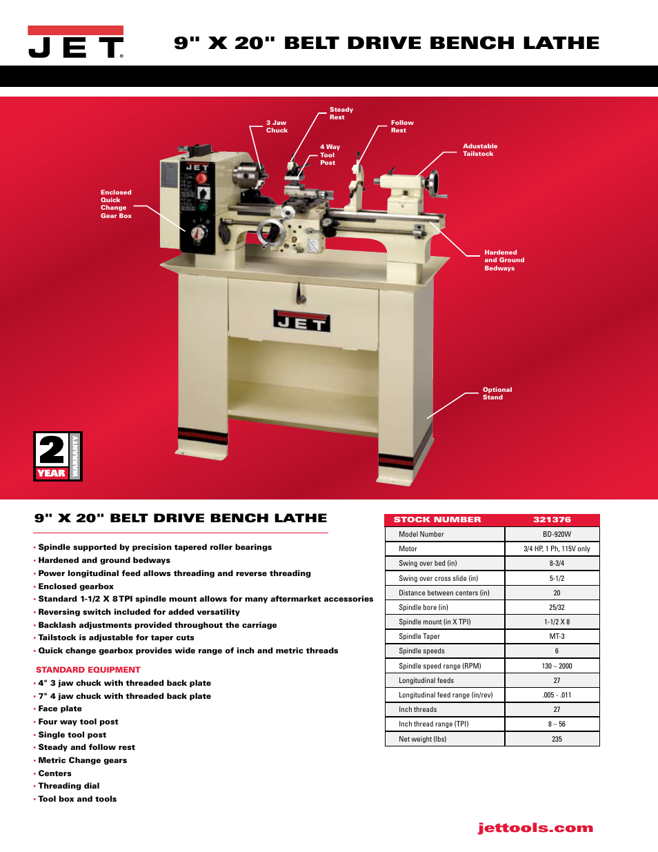 9" x 20" belt drive bench lathe | Jet Tools BD-920W User Manual | Page 2 / 2