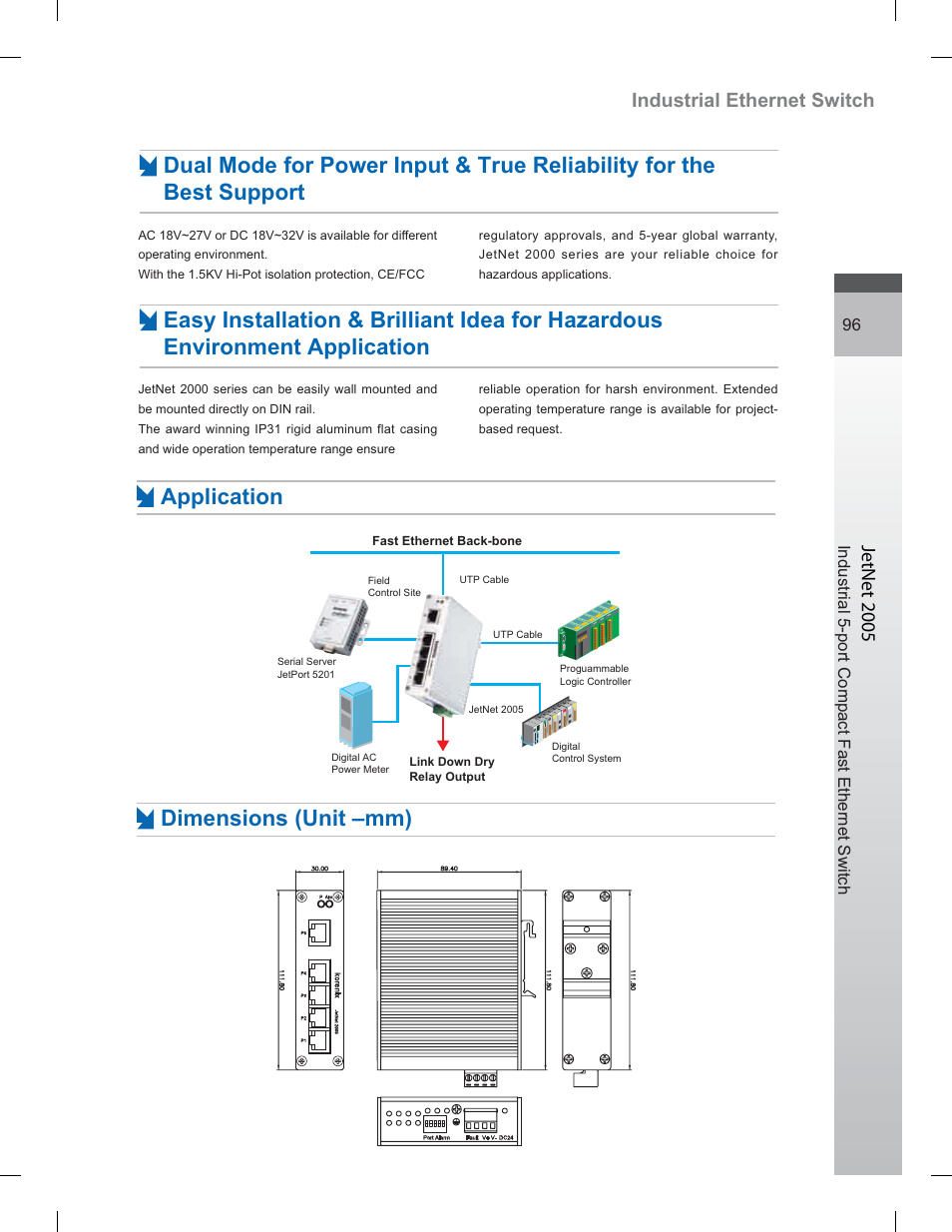 Application, Dimensions (unit –mm), Industrial ethernet switch | Jetnet 2005 | Jet Tools 5-port 10/100 User Manual | Page 2 / 3