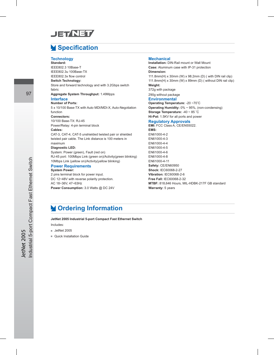 6shfl¿fdwlrq ordering information, Jetnet 2005 | Jet Tools 5-port 10/100 User Manual | Page 3 / 3