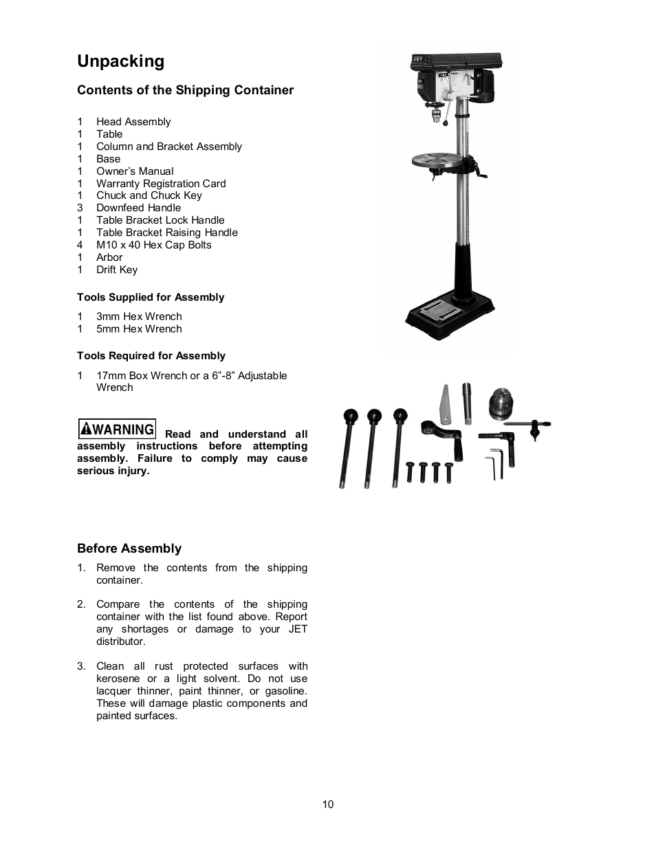 Unpacking | Jet Tools JDP-17MF User Manual | Page 10 / 24