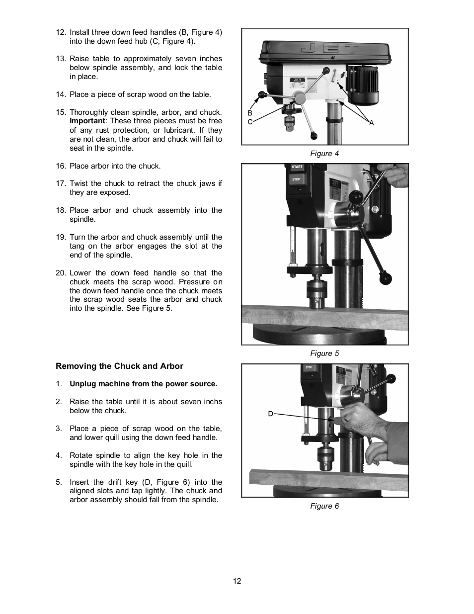 Removing the chuck and arbor | Jet Tools JDP-17MF User Manual | Page 12 / 24