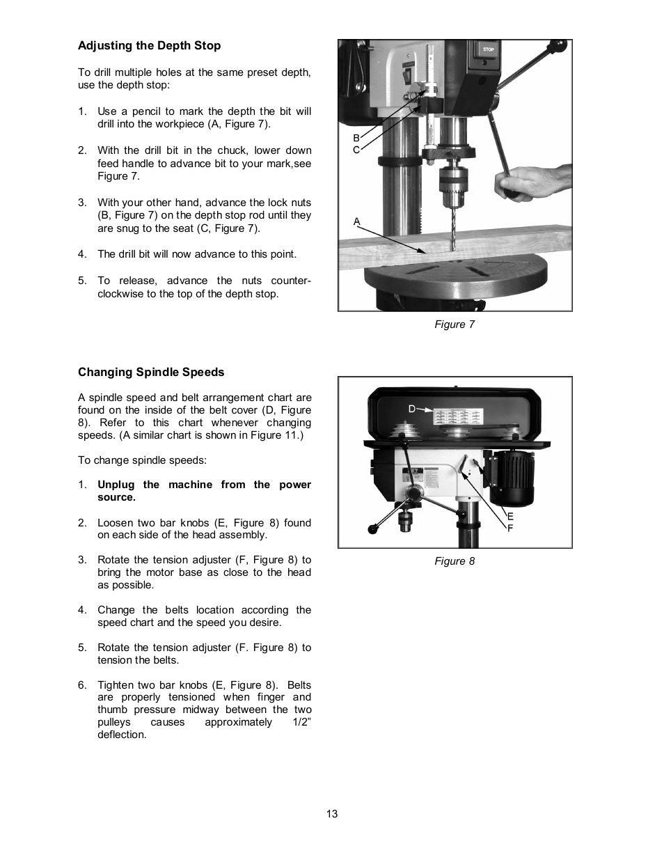 Adjusting the depth stop, Changing spindle speeds | Jet Tools JDP-17MF User Manual | Page 13 / 24