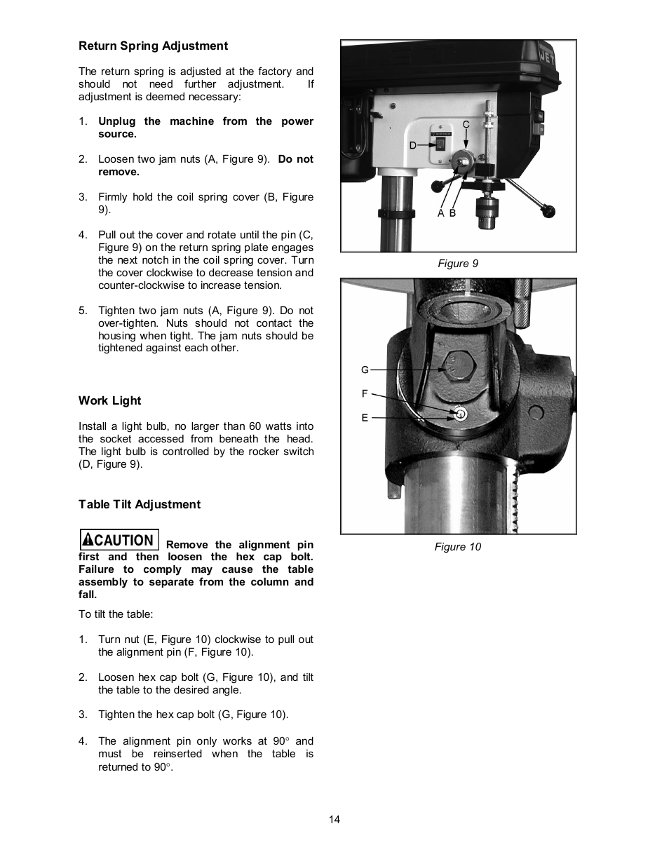 Return spring adjustment, Work light, Table tilt adjustment | Jet Tools JDP-17MF User Manual | Page 14 / 24