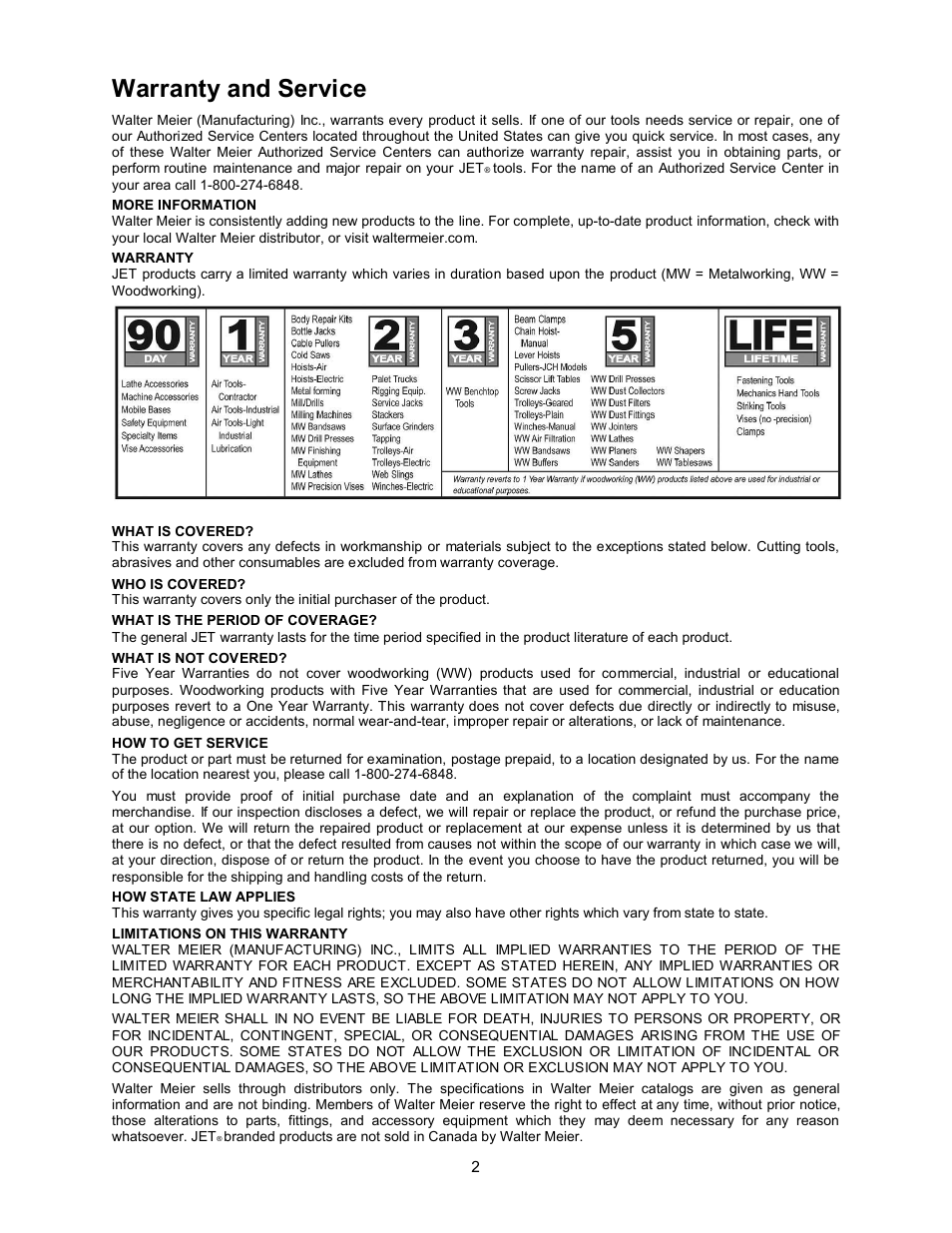 Warranty and service | Jet Tools JDP-17MF User Manual | Page 2 / 24